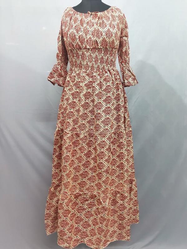 Brick Block Print Maxi Gown with waistband made of Cotton fabric